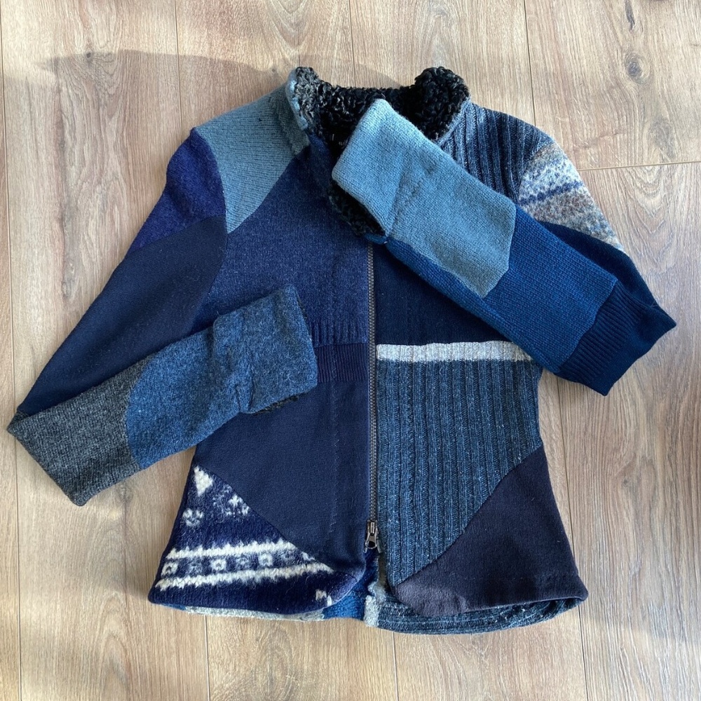 Wool Patchwork Petticoat, Funky Blue Jacket, Floral Print, Eclectic Zip Sweater